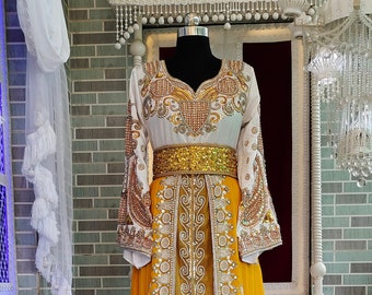 White And Gold Designer Hand Beaded Moroccan Caftan, Islamic Designer Wedding Takchita Kaftan With Embroidery Hijab