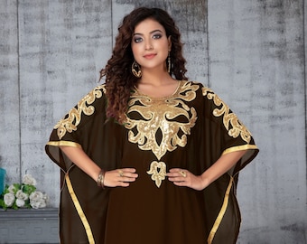 Embroidered Brown and Gold Farasha Kaftan with Hijab