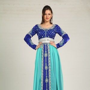 Blue & Mint Hand Beaded Dubai Kaftan: Islamic Maxi Dress