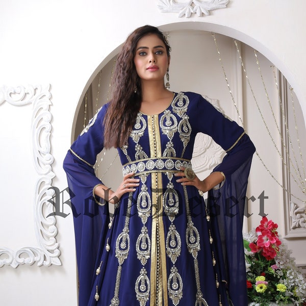 Modern Hand work front open Dubai Kaftan Blue