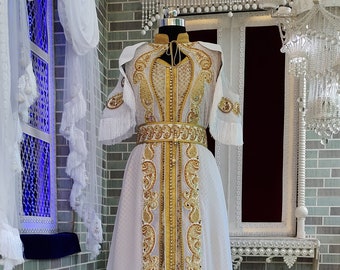 White Unique Designer Moroccan Kaftan / Arabic Takchita Maxi Dress / Islamic Embroidery Party Wear Wedding Kaftan / Israeli Moroccan Kaftan