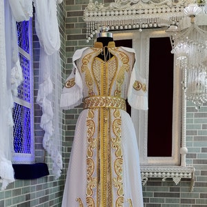 White Unique Designer Moroccan Kaftan / Arabic Takchita Maxi Dress / Islamic Embroidery Party Wear Wedding Kaftan / Israeli Moroccan Kaftan image 1
