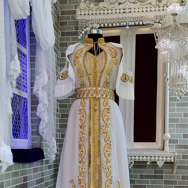 White Unique Designer Moroccan Kaftan / Arabic Takchita Maxi Dress / Islamic Embroidery Party Wear Wedding Kaftan / Israeli Moroccan Kaftan