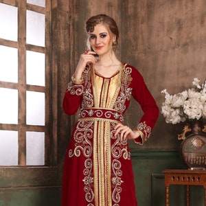 Hand Beaded Maroon Dubai Kaftan: Arabic Wedding Maxi Dress with Hijab