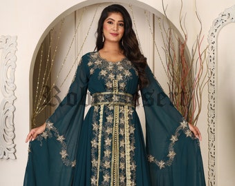 Bottle Green Hand Beaded Kaftan: Islamic Wedding Maxi Dress