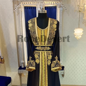 Dark Blue Embroidered Moroccan Takchita: Dubai Kaftan Dress