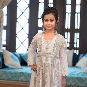 White Hand Beaded Moroccan Kaftan Dress: Islamic Girls Takchita