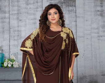 Embroidered Farasha Kaftan: Brown & Gold Takchita, Free Hijab