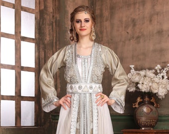 White and Grey Designer Israeli Arabic Maxi Stylish Moroccan Party Ware Wedding Dubai Takchita Kaftan With Free Embroidery Hijab