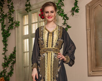 Black and Beige Designer Gold Work Islamic Maxi Hand Beaded Takchita Israeli Kaftan Dubai Wedding Dress With Free Embroidery Hijab