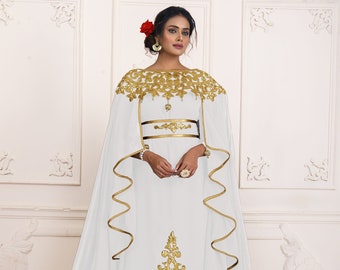 White and Gold Israelite Kaftan, Moroccan Takchita Caftan, Arabic Maxi Embroidery Floor Length Islamic Wedding Kaftan, Dubai Long Caftan