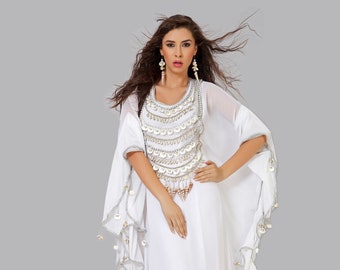 White Designer Maxi Hand Beaded Dubai Ladies Long Sleeve Moroccan Caftan Arabic Party Wear Kaftan