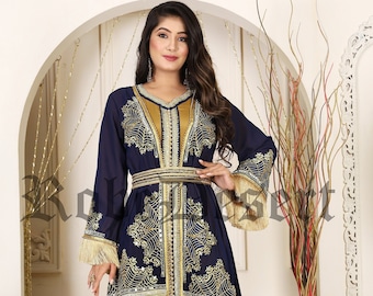 Dark Blue Embroidered Moroccan Kaftan: Party Wedding Maxi Dress With Free Plain Hijab