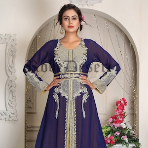 Wedding Moroccan Caftan: Dark Blue & Gold Hand-Beaded Farasha with Embroidery Hijab