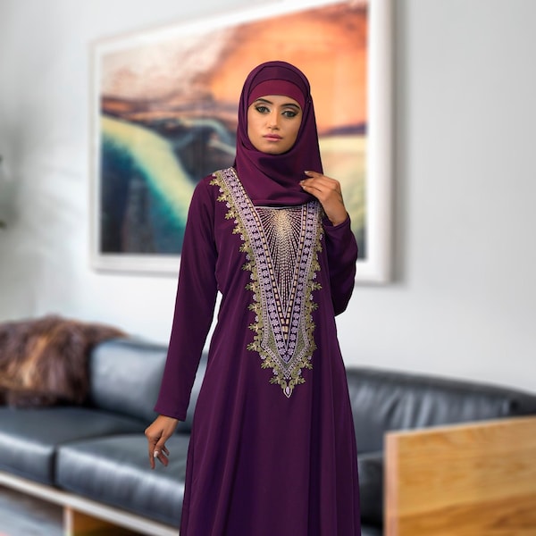 VENTE!! Violet Dubai Modest Maxi Abaya Dress, Designer Broderie Islamique Takchita Robe arabe, Robe israélienne à manches longues Dubai Abaya