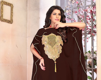 Brown and Gold Designer Stylish Takchita Royal Embroidered Israil Farasha Jalabiya Wedding Luxury High Class Kaftan With Free Plain Hijab