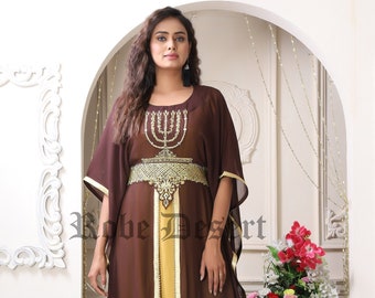 SALE!! Brown and Gold Embroidery Israeli Dress/ Menorah Israeli design kaftan/ Takchita Wedding Gown/ Party Wear Maxi kaftandress