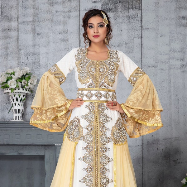 Off White and Beige Designer Hand Beaded Arabic Maxi Moroccan Wedding Kaftan Arabian Islamic Takchita Dress With Free Embroidery Hijab