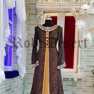 Embroidered Takchita Abaya: Dark Grey & Gold Dubai Kaftan Dress with Free Plain Hijab