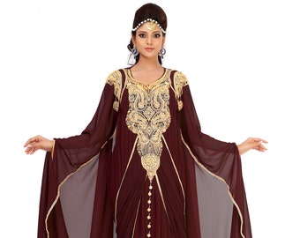 Brown and Gold Woman Moroccan Wedding New Designer Stylish Takchita African Attire Bridesmaid Party Fancy Kaftan With Free Embroidery Hijab