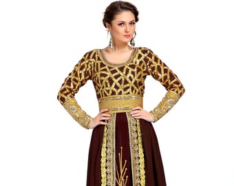 Brown & Gold HandBeaded Dubai Kaftan: Arabic Maxi Dress