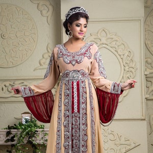 Hand Beaded Dubai Moroccan Kaftan: Beige & Maroon Wedding Takchita with Embroidery Hijab