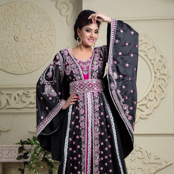 Black And Pink Dubai Moroccan Kaftan, Islamic Designer Maxi Hand Beaded Wedding Dress, Arabic Farasha Party Wear Long Kafan Gown