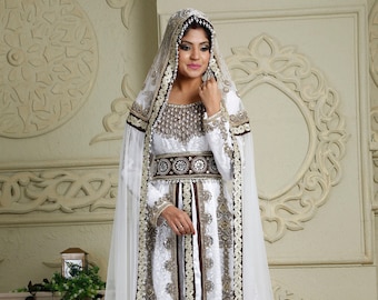 White Dubai Wedding Designer Arabic Maxi Hand Beaded Dubai Ladies Long Sleeve Moroccan Caftan Arabic Party Wear Kaftan With Embroidery Hijab