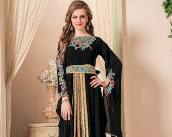 Black Dubai Moroccan Kaftan / Islamic Takchita Wedding Kaftan / Designer Multi Color Embroidery Kaftan / Dubai Long Trail Moroccan Kaftan