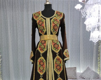 Brown Embroidered Maxi Dress Takchita: Dubai Kaftan with Hijab