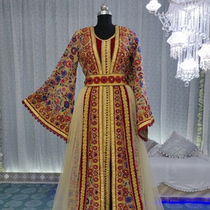 Embroidered Dubai Kaftan: Beige Maroon Islamic Wedding Dress