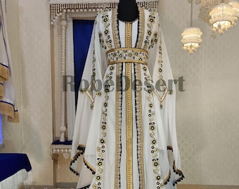 White Islamic Moroccan Kaftan / Arabic Designer Embroidery Caftan / Dubai  Maxi Wedding Dress  / Long Moroccan Kaftan With Free Plain Hijab