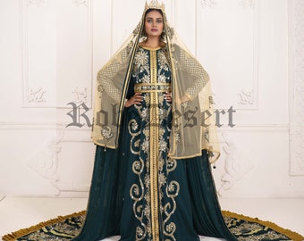 Bottle Green Good Looking Wedding Hand Beaded Stunning & Eye catching Long Sleeve Maxi Arabic Moroccan  Islamic Designer Takchita Kaftan