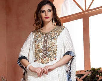 Off White Embroidered Takchita Caftan: Arabian Wedding Dress
