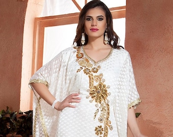 Off White Hand Beaded Caftan: Arabic Maxi Dress, Party Gown