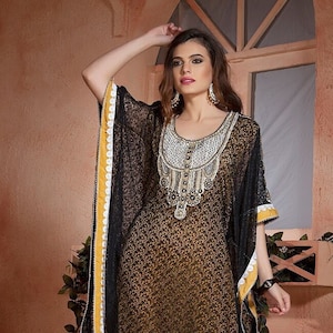 Black and Yellow Designer Islamic Fancy Arabic Womens Takchita Hand Beaded African Kaftan Dresses