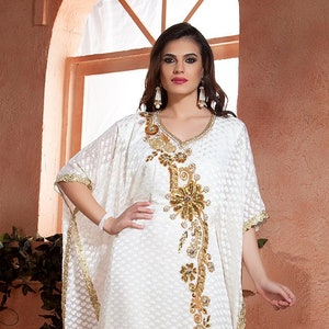Off White Hand Beaded Caftan: Arabic Maxi Dress, Party Gown