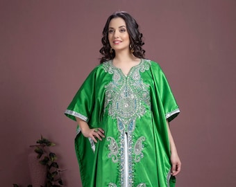 Green Hand-Beaded Caftan Farasha: Arabic Maxi Dress