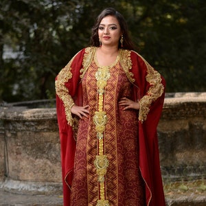 Maroon Embroidered Farasha Kaftan: Dubai Moroccan Caftan Dress