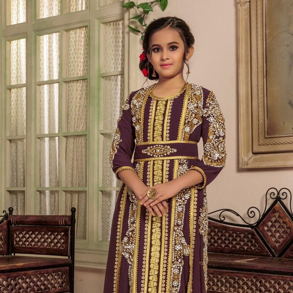 Brown and Gold Islamic Designer Kids Wedding Kaftan New Designer Stylish Takchita Girls Kaftan With Free Embroidery Hijab