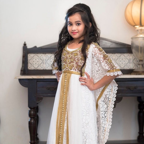 White Wadding Arabic Maxi Hand Beaded Girls Kaftan Designer Islamic Takchita Moroccan Kids Dress African Attire Kids Caftan, Kaftan SALE!!