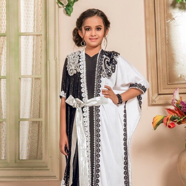 Black and White Designer Muslim Girls Dress Kids Caftan Moroccan Abaya Kids Khimar jilbab Kids Jellabiya Islamic Kids Dress Maxi Kids Kaftan