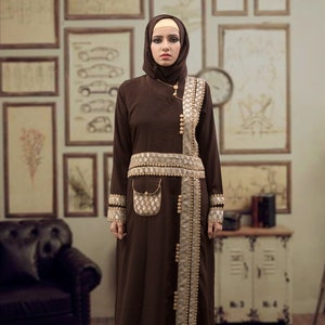 Brown Embroidered Dubai Abaya: Islamic Maxi Dress