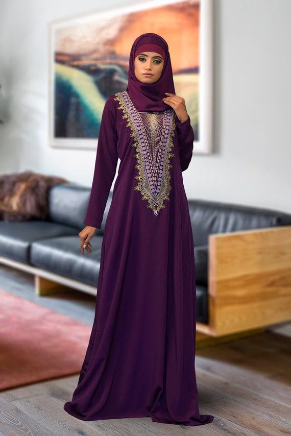 SALE Violet Dubai Modest Maxi Abaya Dress Designer Embroidery Islamic Takchita Arabic Dress Israeli Long Sleeve Dubai Abaya Gown