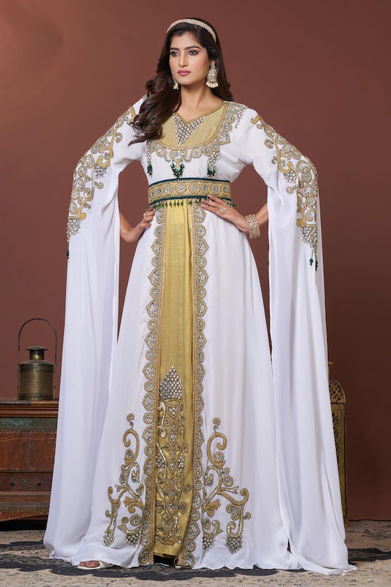 green emerald velvet dress White Moroccan Kaftan Set  By Reem Al Dhaheri