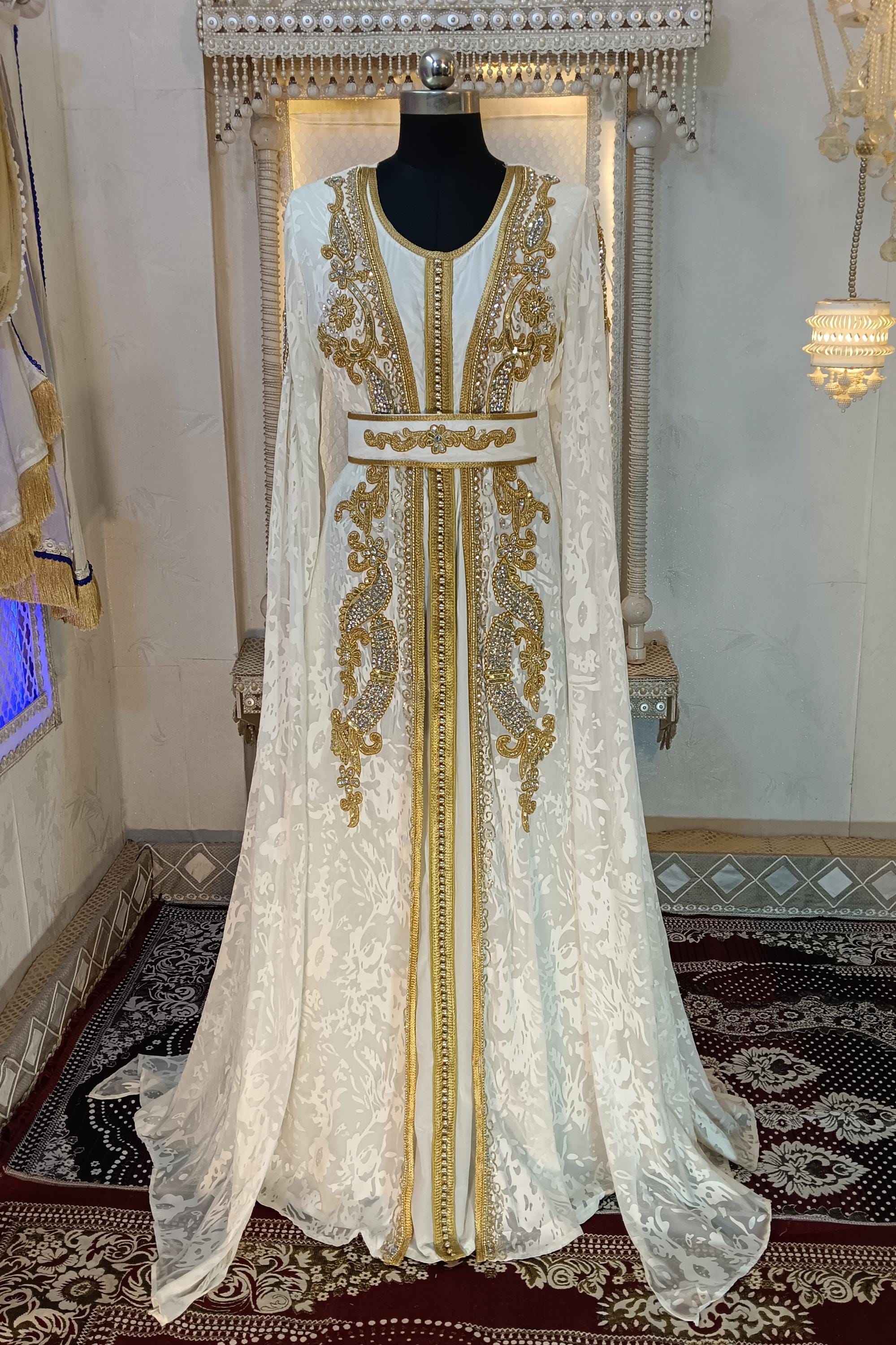 White and Gold Moroccan Kaftan: Hand Beaded Maxi Dress with Embroidery Hijab White and Gold Moroccan Kaftan: Hand Beaded Maxi Dress with Embroidery Hijab