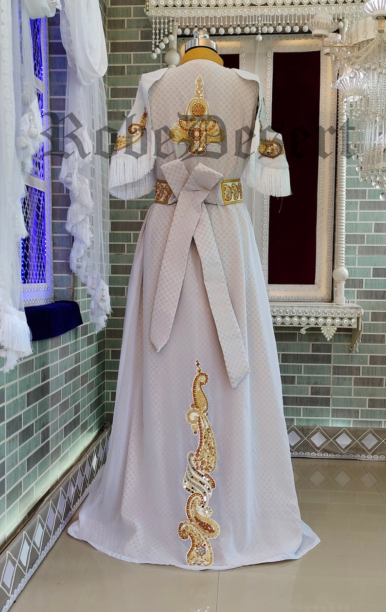 White Unique Designer Moroccan Kaftan / Arabic Takchita Maxi Dress / Islamic Embroidery Party Wear Wedding Kaftan / Israeli Moroccan Kaftan image 4