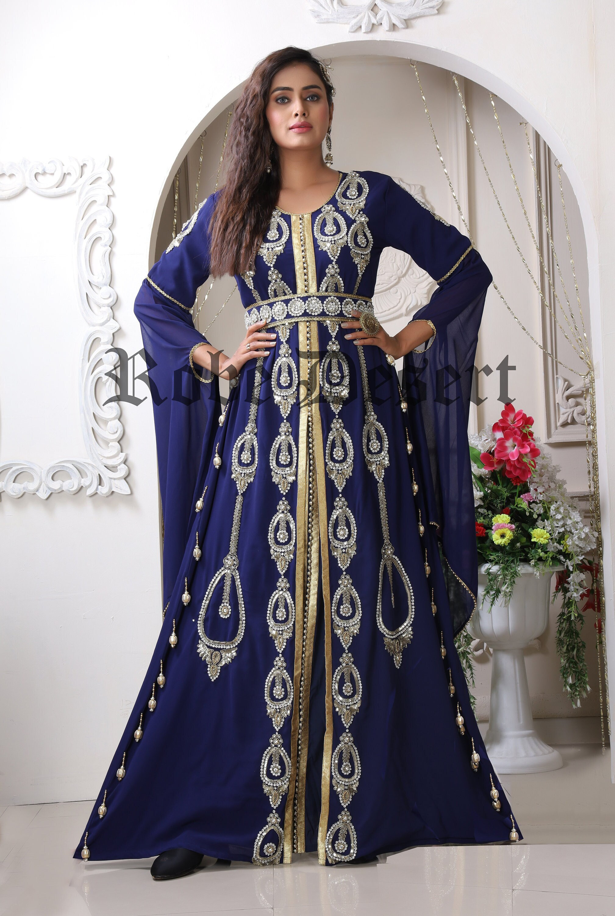 Dark Blue Hand Beaded Caftan: Arabic Maxi Dress with Embroidery Hijab Dark Blue Hand Beaded Caftan: Arabic Maxi Dress with Embroidery Hijab