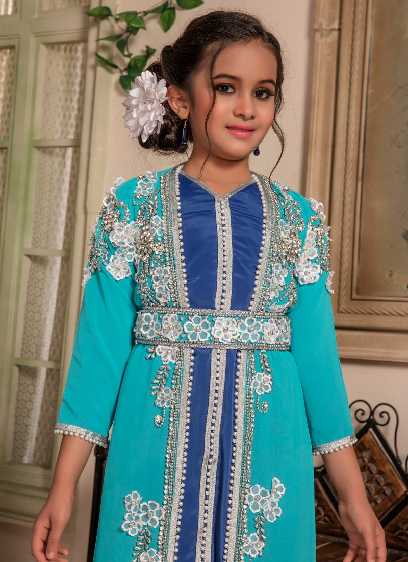 Firozi Designer Muslim Girls Dress Kids Caftan Moroccan