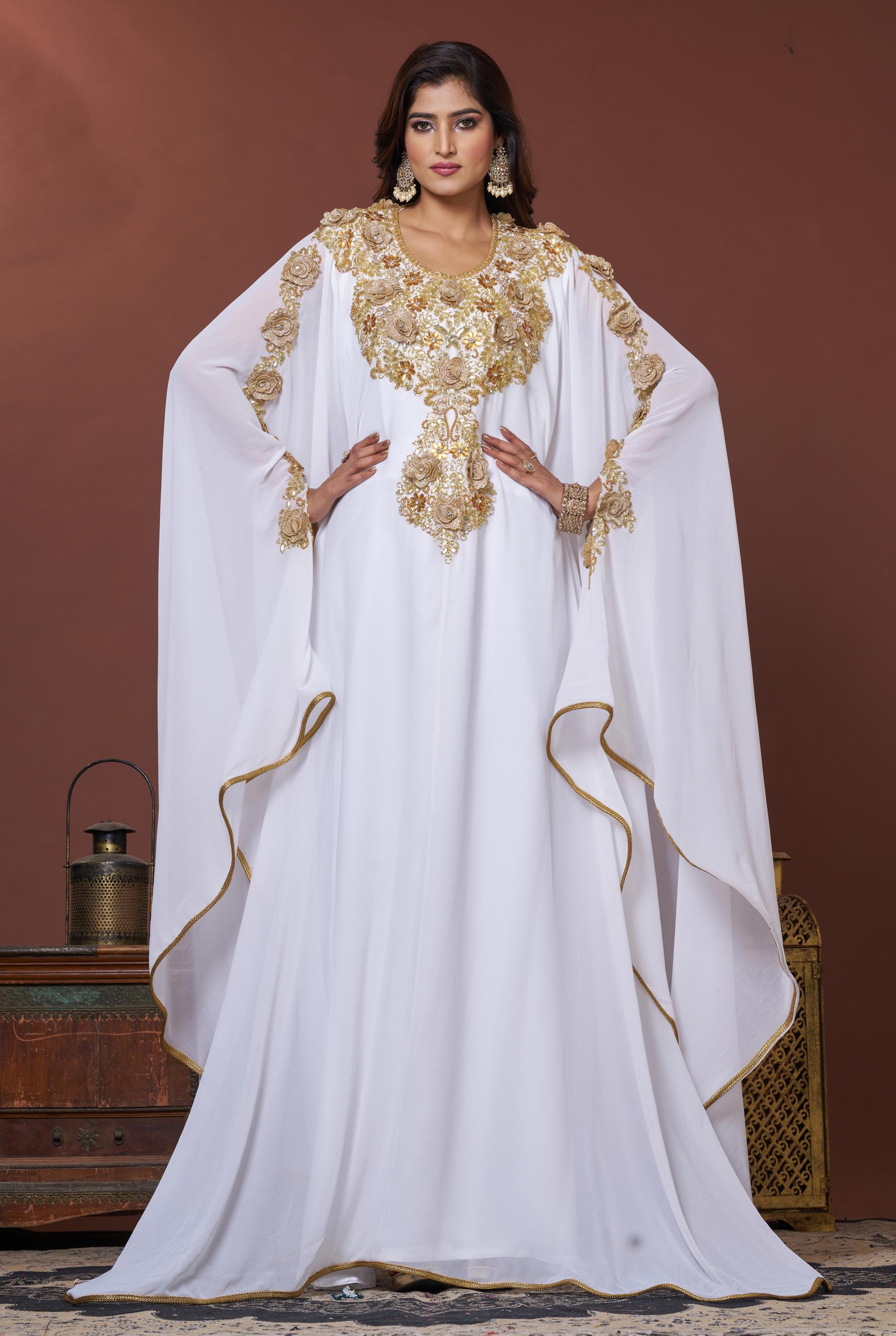 white kaftan dress Hand Beaded Kaftan: Islamic Wedding Dress, Arabic Takchita 70 inches Care Instructions Elegant white georgette kaftan dress